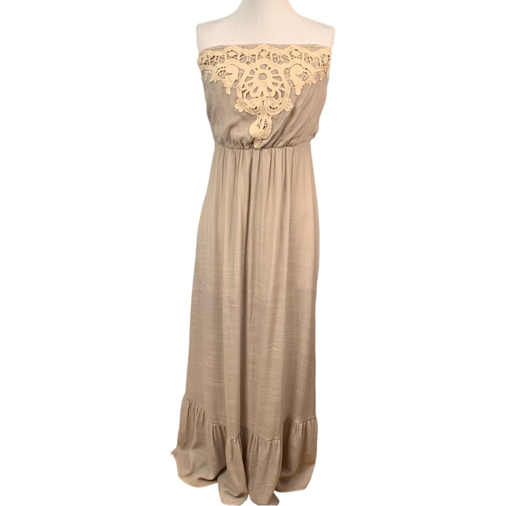 LC Lauren Conrad Maxi Dress Strapless Gauze Embroidery Women’s Size S Taupe Gray - Picture 3 of 16